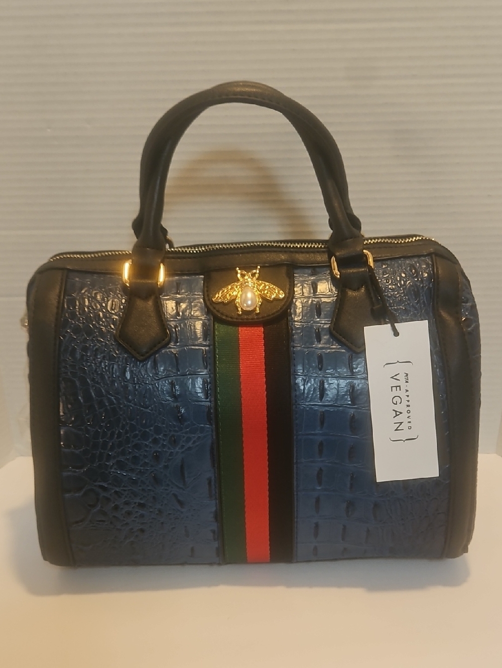 Navy Croc-Embossed Satchel with Red & Green Stripe and Gold Bee